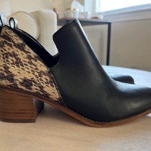 Lightly Worn, 1. State, black with animal print leather wedge, size 7 1/2.